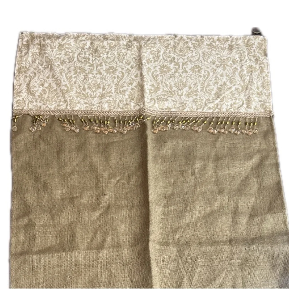 Set of 2 Handmade Embellished Burlap Curtain Panels Patterned Fabric w/ Beads